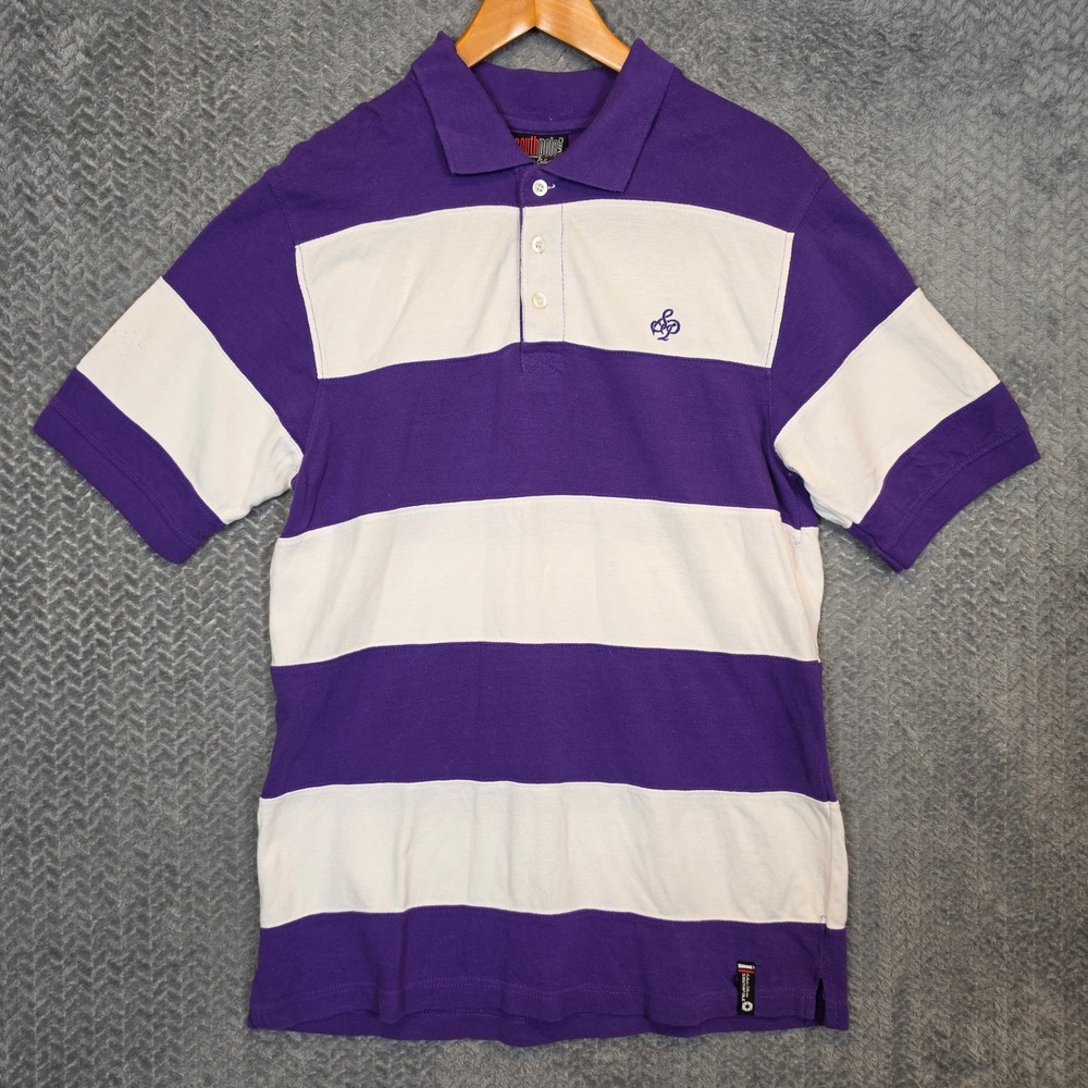 Southpole Mens Purple White Striped Short Sleeve Polo Shirt Size M Cotton Y2K